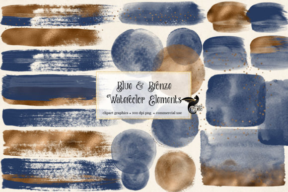 Blue and Bronze Watercolor Elements for Creative Projects