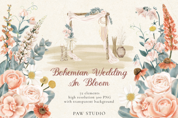 Bohemian Wedding Flowers Leaves Clipart