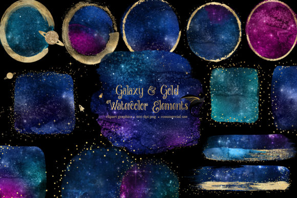 Galaxy and Gold Watercolor Elements for Creative Projects
