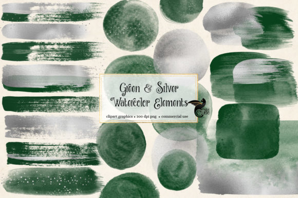Green and Silver Watercolor Elements