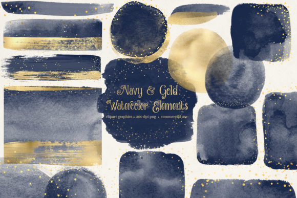 Navy and Gold Watercolor Elements for Creative Workflows