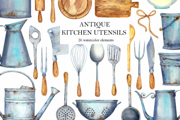 Watercolor Antique Kitchen Utensils: A Timeless Addition to Your Creative Projects