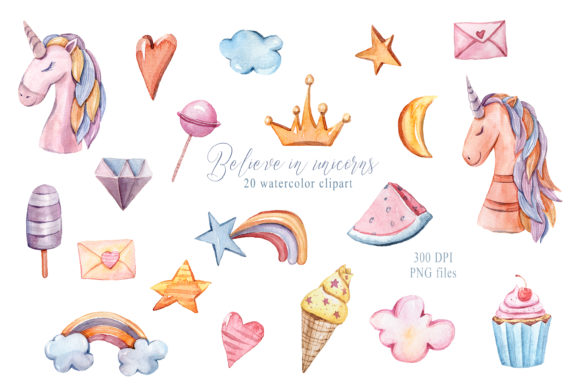 Watercolor Cute Unicorns Clipart